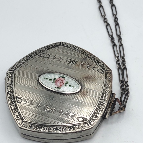 Antique Art Deco Enamel Silver Compact Wristlet - Picture 3 of 7